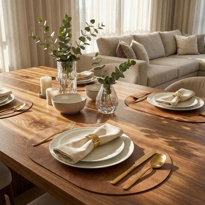 BIPASION Oval Placemats 2mm Ultra Thick Faux Leather Table Mats, Heat Resistant Waterproof Wipeable Dining Mats for Kitchen Table, Set of 8, Light Brown