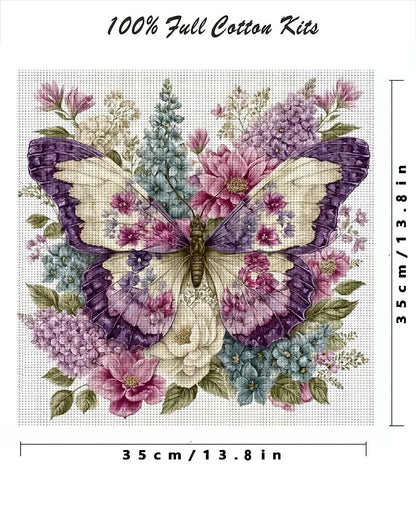 Butterfly Stamped Cross Stitch Kits for Adults, Flowers 11CT Needlepoint Counted Cross Stitch Kits for Beginner, Printed Dimensions Embroidery Kit Art Craft for Home Wall Decor Gift 14x14 Inch