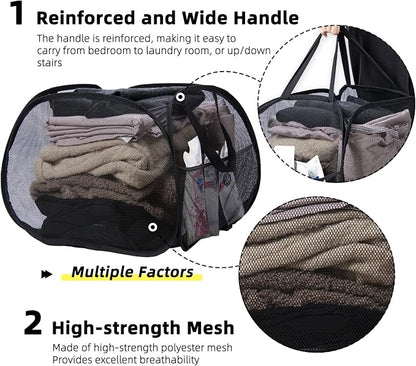 Collapsible Laundry Basket, 90L Foldable Pop-up Laundry Hamper with Handles, Mesh Dirty Clothes Hamper for Laundry, Bathroom, Kids Room, Dorm,Travel or Camping (Black)