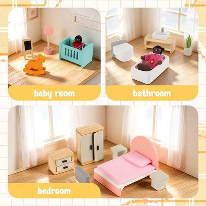 Wooden Dollhouse Furniture Set，Miniature Doll Furniture Accessories with 5 Rooms,for Kitchen, Living Room, Bedroom, Bathroom, Babyroom,Pretend Play Furniture for Toddlers 3 4 5 6 Years Old