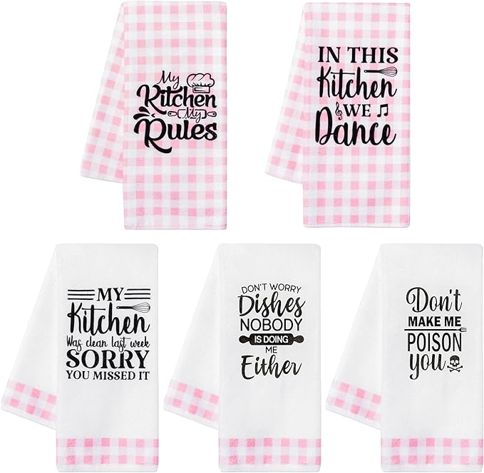 R HORSE Cute Pink Kitchen Towel Set 5Pcs Pink Check Kitchen Dishcloth Absorbent