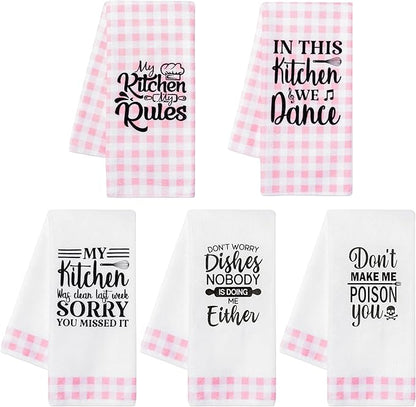 R HORSE Cute Pink Kitchen Towel Set 5Pcs Pink Check Kitchen Dishcloth Absorbent