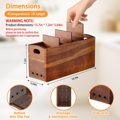 PrimZooty Natural Acacia Wood Utensil Holder for Kitchen Counter (X-Large), 4 Compartment with Removable Dividers 15.7"x7.2"x5.04", Extra Large Cooking Utensil Organizer - Anti-Scratch Bottom