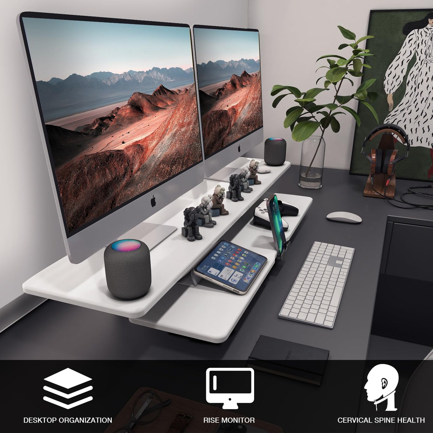 ECO-WILL Dual Monitor Stand, 2-Tier Wood Monitor Riser with Storage Organizer and Cable Management, White