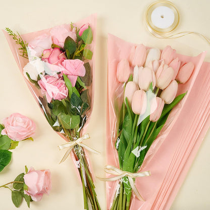Mauproy 50 Pack Pink Flower Bags for Bouquets, Flower Wrapping Bags Kraft Floral Wrap Sleeves with Ribbons for Graduation Wedding Florist Supplies (18 x 12 Inches)