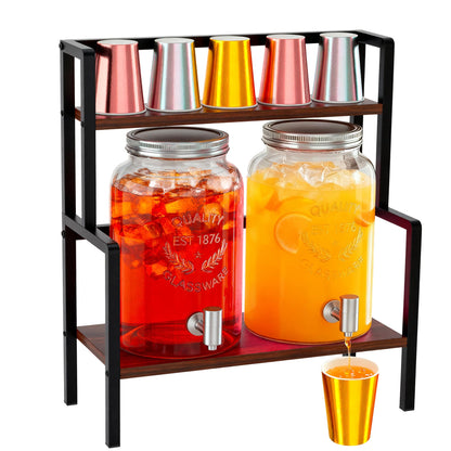 2PCS 1.5 Gallon Drink Dispenser - Glass Beverage Dispenser With Wood Stand and Leakproof Stainless Steel Spigot, Large Drink Dispenser for Parties, Lemonade, Iced Tea, Laundry Detergent Container