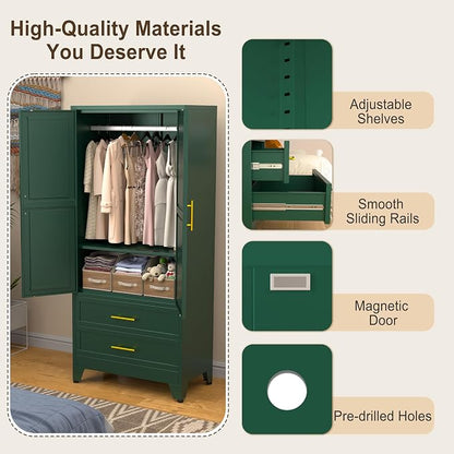 Metal Armoire Wardrobe Closet Storage Cabinet with Hanging Rod,71'' Metal Wardrobe Cabinet with 2 Drawers and Adjustable Shelf,2 Doors for Bedroom, Laundry Room, Cloak Room