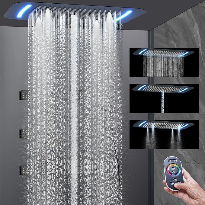 AYIVG Matte Black Shower System With Body Jets Thermostatic Shower System 64 Color LED Shower Set 16 x 26 Inch Embedded Ceiling Shower Head with Remote Control Temperature Display Shower Faucet Set