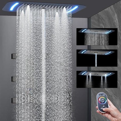 AYIVG Matte Black Shower System With Body Jets Thermostatic Shower System 64 Color LED Shower Set 16 x 26 Inch Embedded Ceiling Shower Head with Remote Control Temperature Display Shower Faucet Set