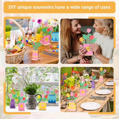 DoubleFill 34 Pcs Wooden Flowers DIY Craft Kit Self Standing Wood Spring Crafts Unfinished Wood Flower Slices Spring Flower Ornament to Paint Cute Tabletop Decor for Party Gift Activities Art Project