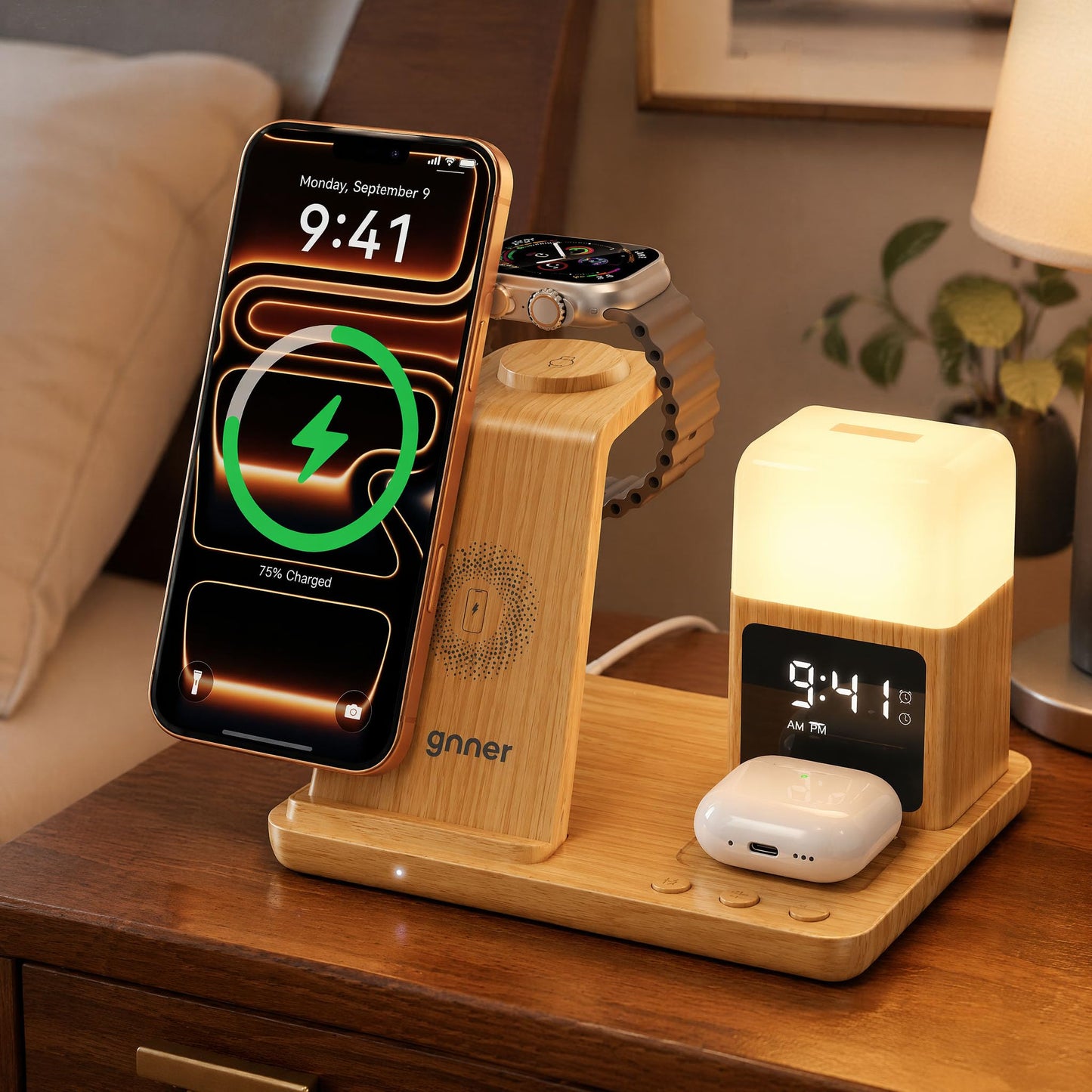 6 in 1 Wireless Charging Station with Clock & Night Light，Alarm Clocks for Bedrooms,Wireless Charger Stand with Beside Clock for iPhone 17/16/15/14/13/12 Pro Max, Apple Watch,Airpods (Wood)