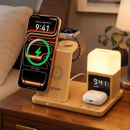 6 in 1 Wireless Charging Station with Clock & Night Light，Alarm Clocks for Bedrooms,Wireless Charger Stand with Beside Clock for iPhone 17/16/15/14/13/12 Pro Max, Apple Watch,Airpods (Wood)