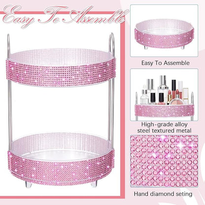 Honeydak 360 Rotating Perfume Organizer Gift for Women, Rhinestone Preppy Skincare Organizer Bathroom Counter Makeup Holder Skincare and Perfume Storage for Cosmetic(2 Tiers,Resin Diamond,Pink)