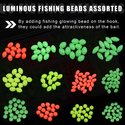 AGOOL Fishing Beads Assorted Set, 1000pcs Glow Beads Fishing Bait Eggs Soft Plastic Oval Round Luminous Beads Fishing Line Beads Fishing Lures Fishing Tackle Tool for Deep Drop Fishing Night Fishing