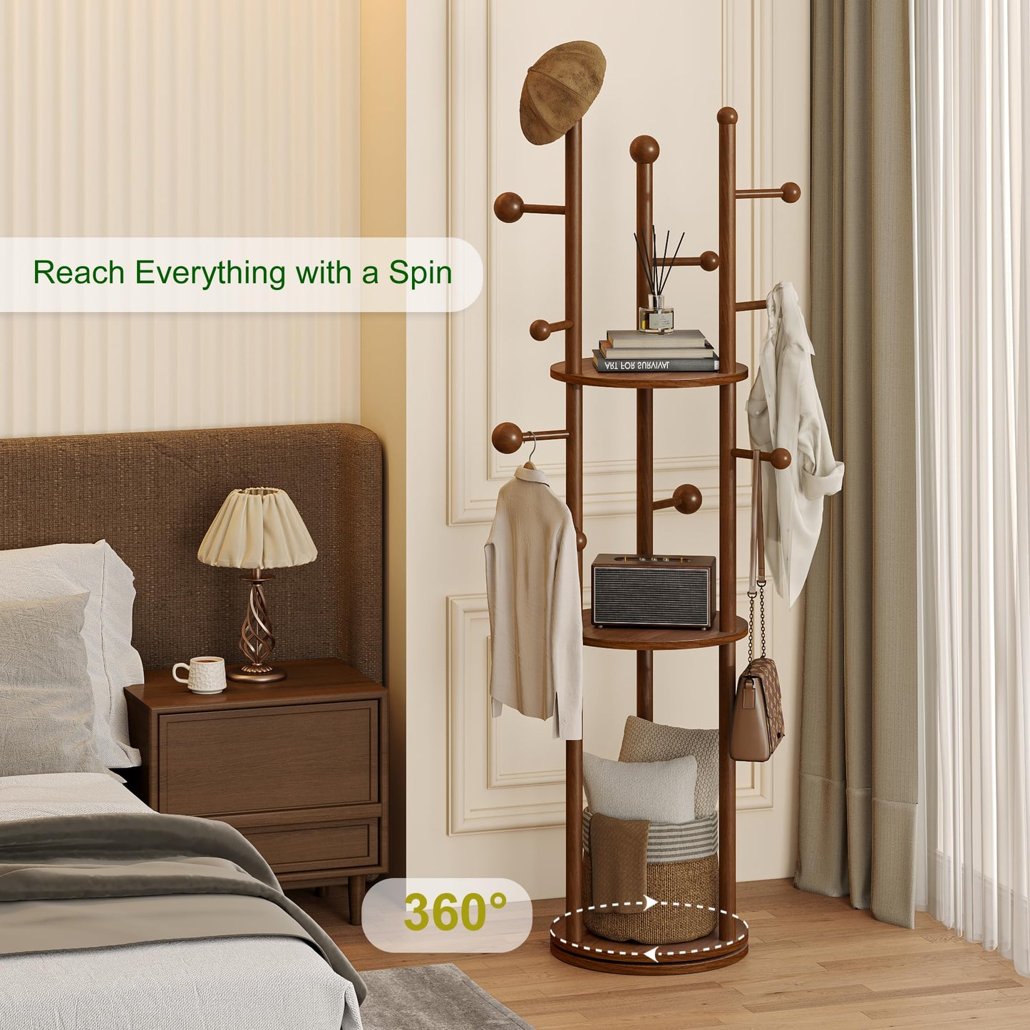 FROMJBEST Solid Wood Coat Rack Freestanding Rotating Clothes Rack with 9 Hooks & 3 Storage Shelves for Purse, Bag, Hat, Coat Hanger Stand for Entryway, Hallway, Office, Mid-Centry, Walnut