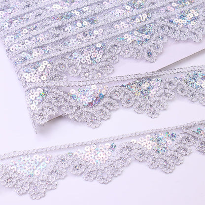 Silvery Lace Trim 5 Yards Beaded Lace Ribbon Applique Sequin Lace Mesh Trim for Sewing Crafts 1.6inch