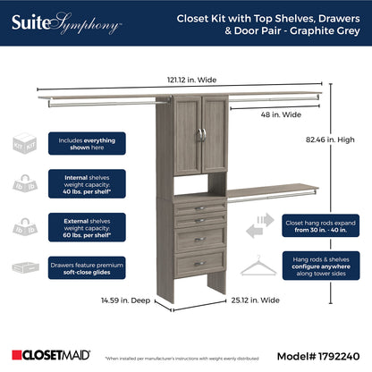 ClosetMaid SuiteSymphony Wood Closet Organizer Kit with Tower, 3 Hang Rods, Top Shelves, 4 Drawers, Doors, Adjustable, Fits Spaces 6 - 10 ft. Wide, Graphite Grey