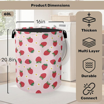 Cute Pink Strawberry Laundry Basket, Extra Large Foldable Hamper