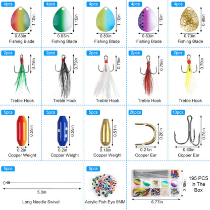 195pcs Spinner Making Kit Fishing Lure Making Kit Spinnerbaits Spinner Blade Clevis Feather Treble Hooks DIY Make Your Own Lure Set for Bass Trout Walleye Lures Fishing Gifts