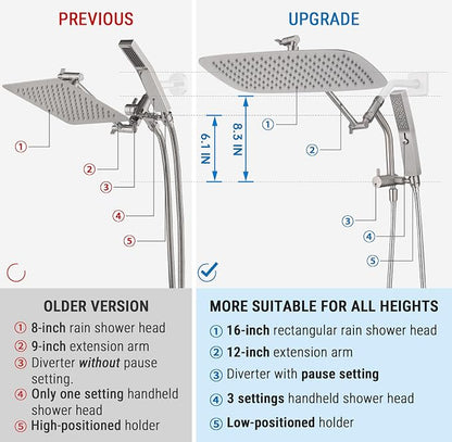 G-Promise All Metal 16 Inch Rain Shower Head with Massage Mode Handheld Spray Combo, 3-Way Diverter with Pause Setting, Full Body Coverage, Modern Bathroom Upgrade (Brushed Nickel)