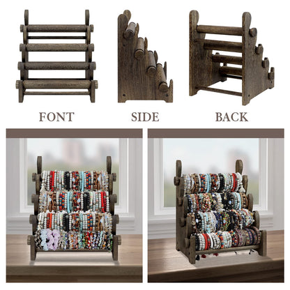 TOPNEW 4 Tier Wooden Bracelet Holder, Scrunchie Bangle Watch Necklace Display Storage Jewelry Holder Stand Display Organizer, Brown