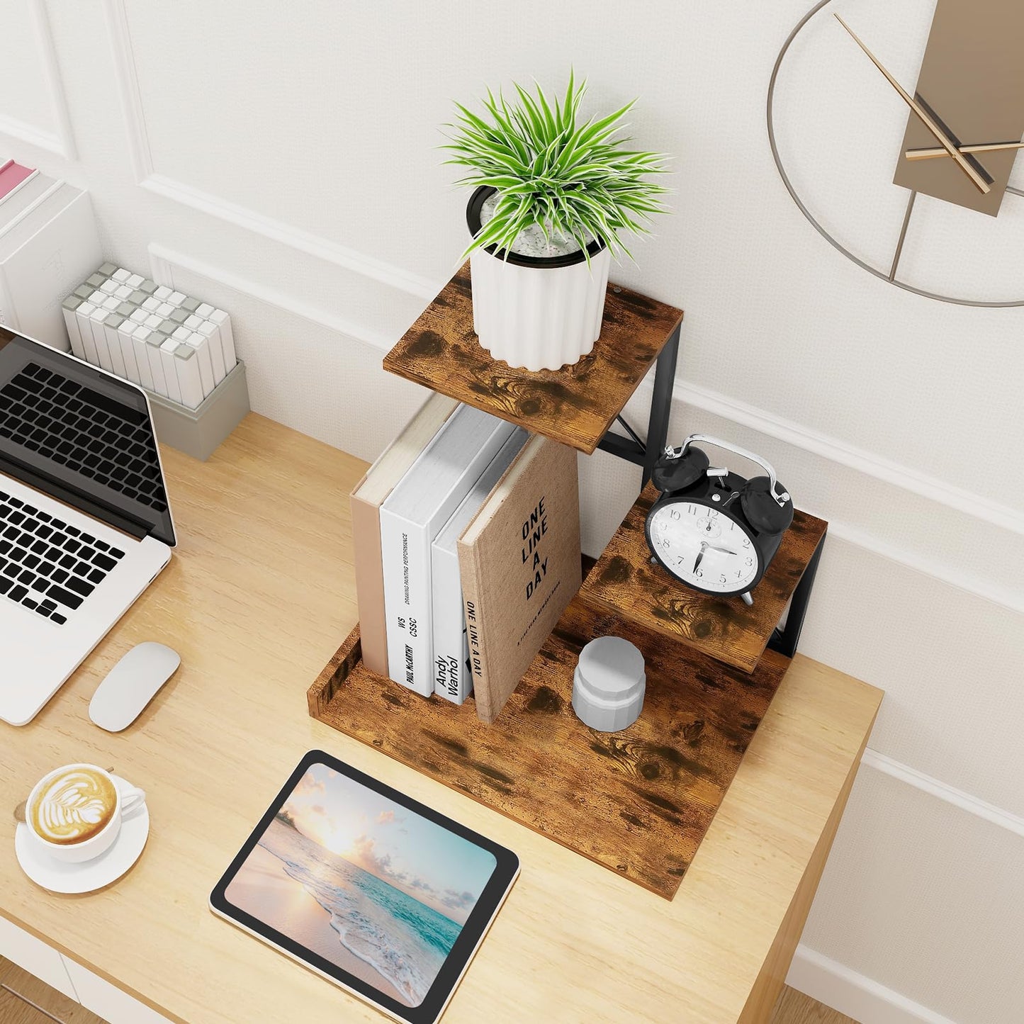 ELITEROO Wood Desktop Shelf, 3 Tier Desk Shelves + Printer Stand, Small Bookshelf Organizer, Printer Riser Stands, Office Storage Rack and Cubicle Organizers Accessories for Dorm Office Home, Brown