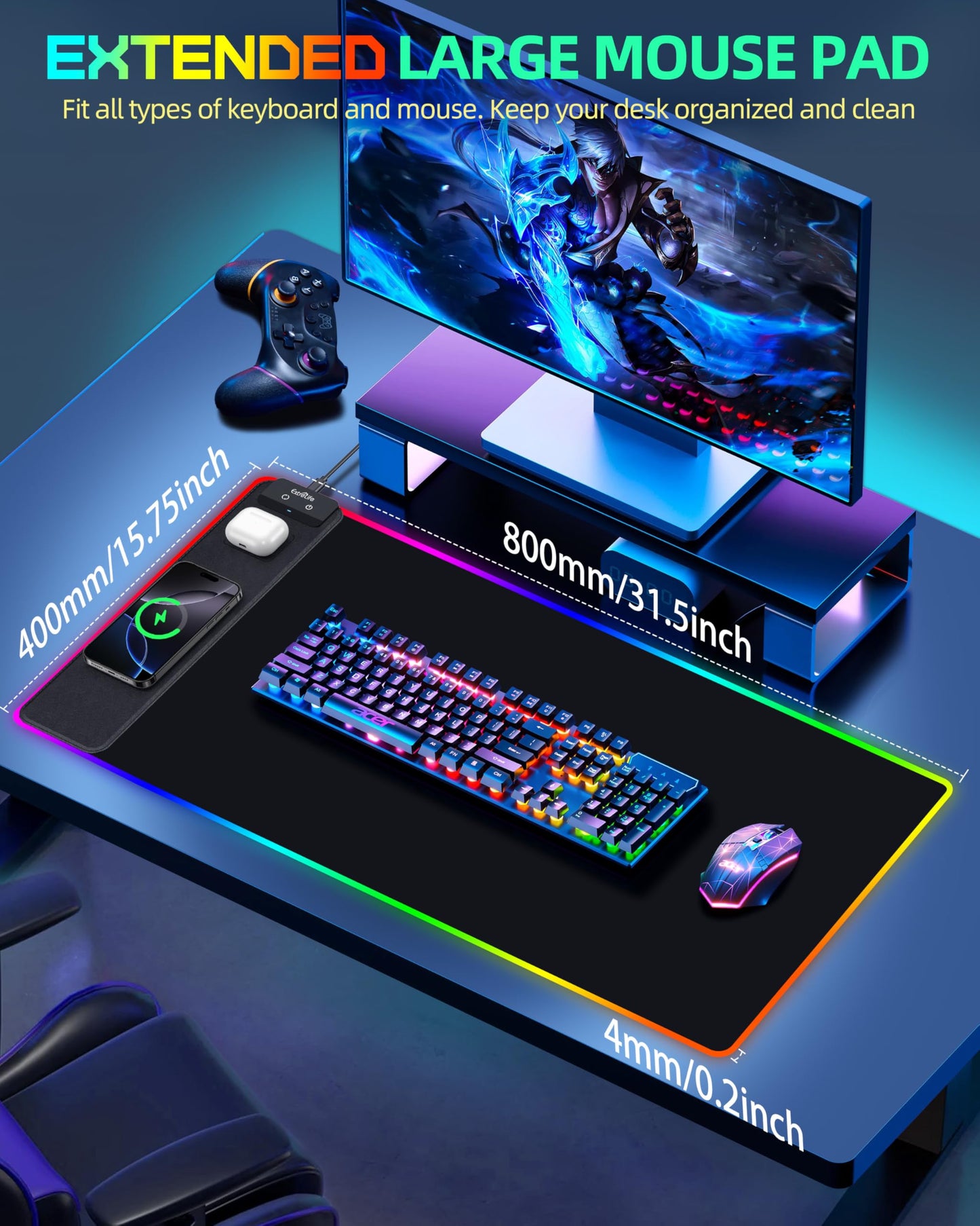 Wireless Charging Mouse Pad, RGB Gaming Mousepad, 31.5"x15.7" Extra Large Desk Pad, 13 Light Modes, Ultra-Smooth Surface, Non-Slip Base, Waterproof Computer Keyboard Mat for MacBook, PC, Laptop, Black