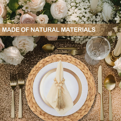 24 PCS Round Woven Placemats Set, 8 Boho Rattan Tablemats 13" Natural Water Hyacinth Farmhouse Place Mats with 8 Napkin, 8 Wooden Beads Napkin Ring for Kitchen Dining Table Decor Wedding Christmas