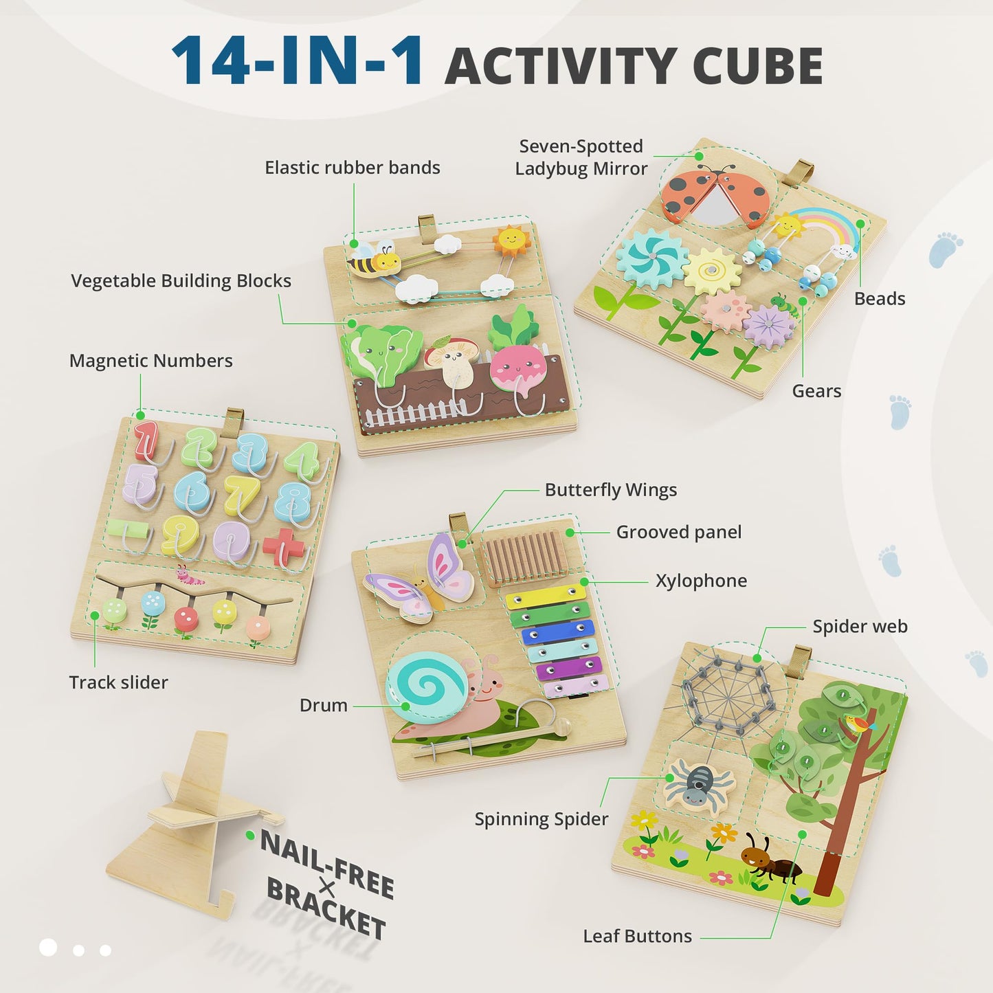 BlueWood Wooden Busy Board for Toddlers 18+ Months, 14-in-1 Montessori Philosophy Educational Toy, Activity Center Made from Basswood, No Drilling, Easy to Carry & Store - Square