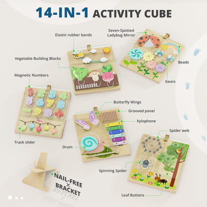 BlueWood Wooden Busy Board for Toddlers 18+ Months, 14-in-1 Montessori Philosophy Educational Toy, Activity Center Made from Basswood, No Drilling, Easy to Carry & Store - Square