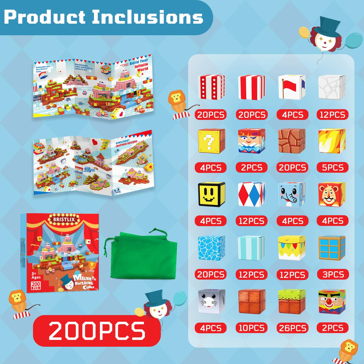 BRISTLIX 200PCS Magnetic Building Blocks with Storage Bag, 0.8in Joyful Circus STEM Magnet Cubes, Creative Construction Magnetic Blocks, Ideal Gift for Boys & Girls Age 3-12 Magnetic Cubes