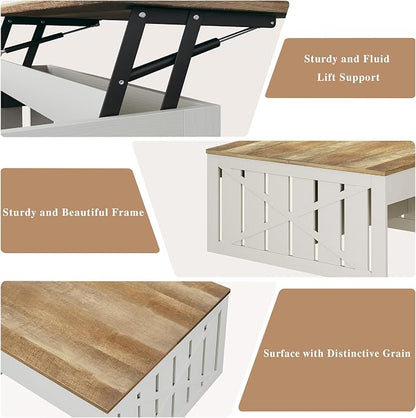 HUAHUU Lift Top Coffee Table with Storage Hidden Compartment, 31.5" Farmhouse Coffee Tables with Ottoman Bench, Center Table with Wooden Lift Tabletop for Living Room, White