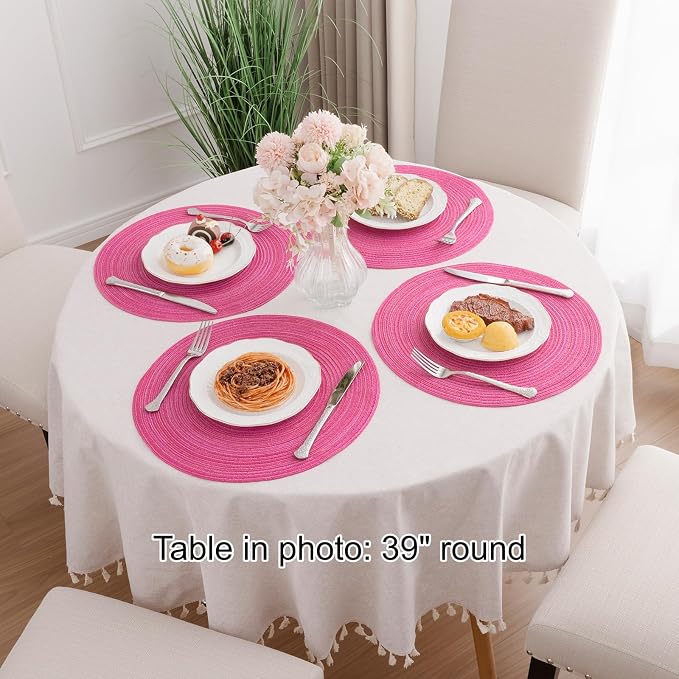 SHACOS Round Placemats Set of 4 Round Table Placemats Braided Cotton Place Mats 15 inch for Kitchen Dining Table Holiday Party (Hot Pink, 4)