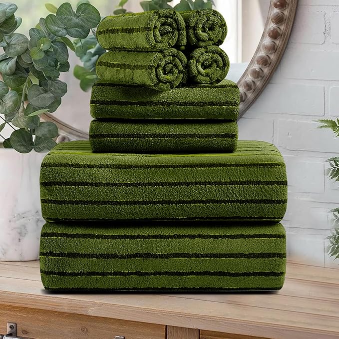 8 Pcs Army Green Cabana Stripe Large Bath Towel Set Oversized Bath Sheet-2 Bath