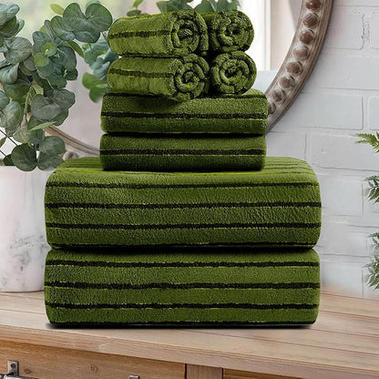 8 Pcs Army Green Cabana Stripe Large Bath Towel Set Oversized Bath Sheet-2 Bath