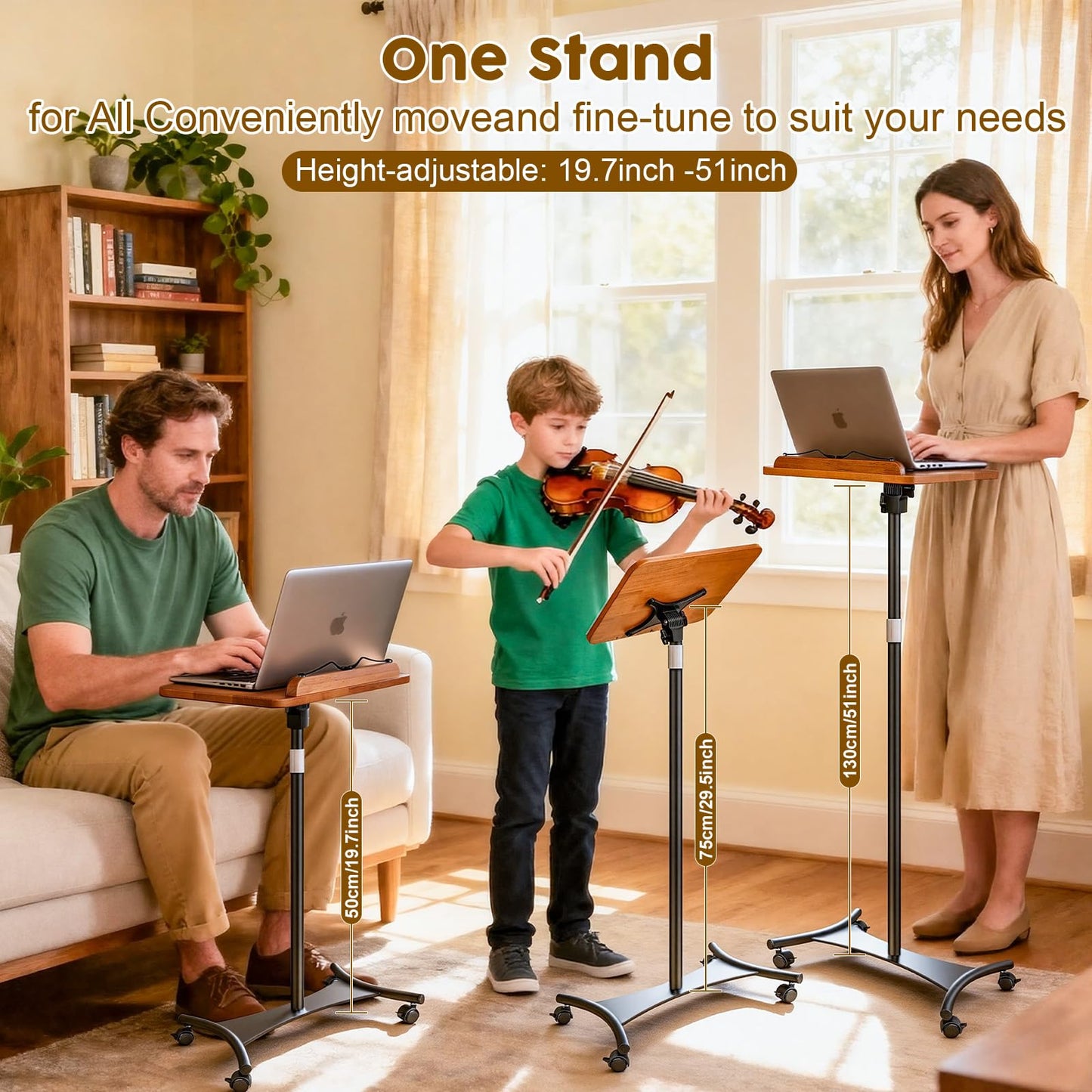 2 in 1 Dual-use Music Stand & Desktop Book Stand, Adjustable Height 16.5"-51", 100% Solid Wood Laptop Floor Stand Book Holder with Elastic Page Clips for Cookbooks (Brown-Wheeled)