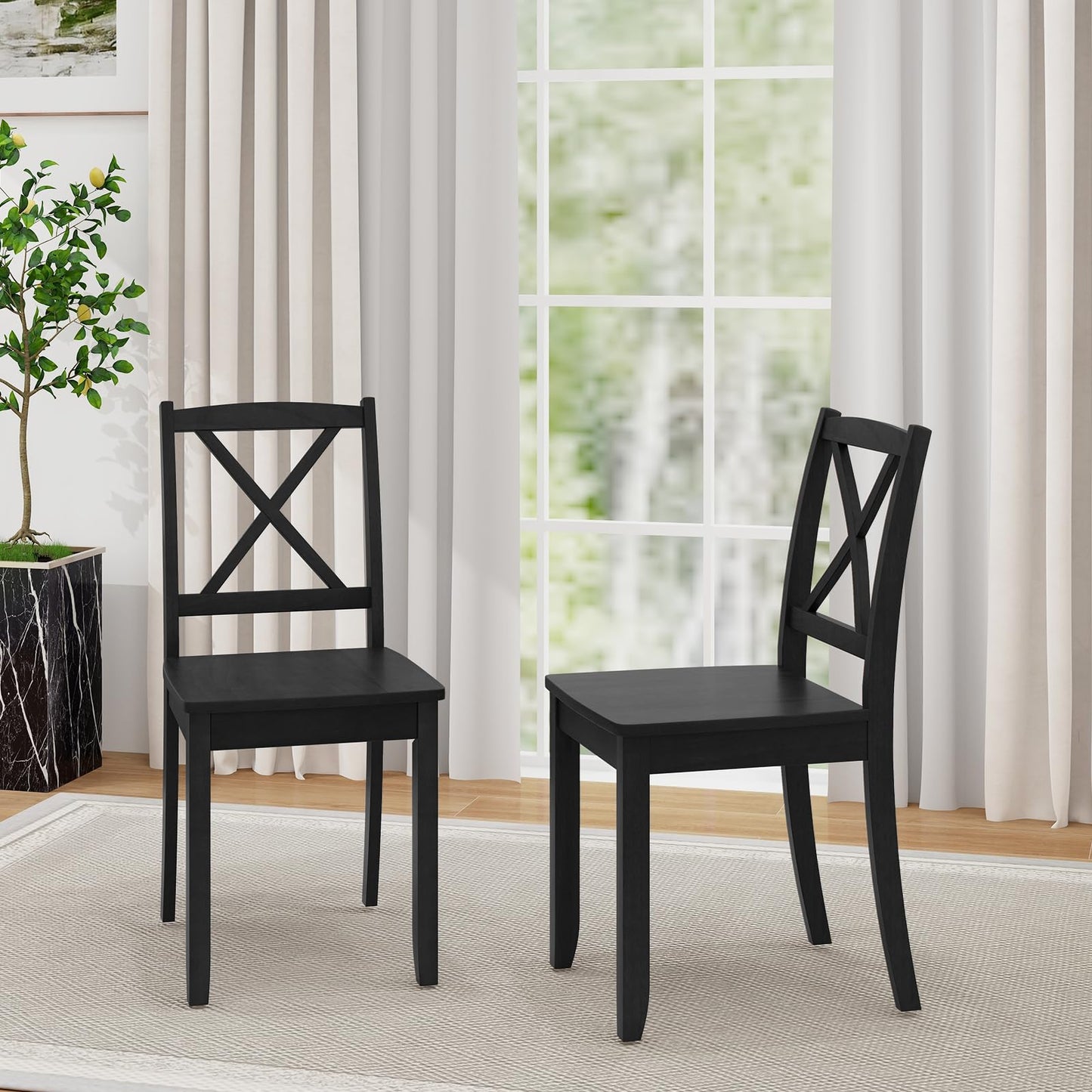 Giantex Wood Dining Chairs Set of 2, Armless Kitchen Chairs w/Rubber Wood Legs & Curved Backrest, Farmhouse Cross Back Diner Chairs, Wooden Side Chairs for Home Dining Room, Load 400 LBS, Black