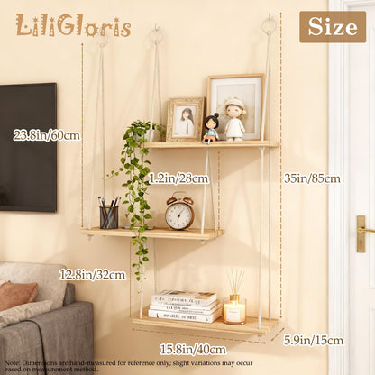 LiliGloris Bohemian Wall Shelf Decor, Natural Unpainted Wood Floating Shelf with Adhesive Mount for Plants & Photo Frames, Decorative & Functional Display for Bedroom Living Room Office Kitchen