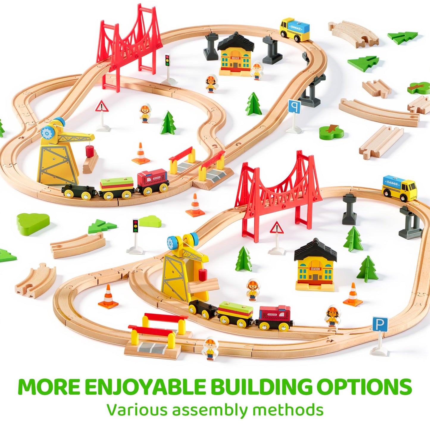 60PCS Wooden Train Set - Toy Magnetic Trains with Wooden Track Set for Kids Ages 3-8, Construction Crane Railway Set, Perfect Easter Birthday Gift for Grandkids Toddlers Boys Girls