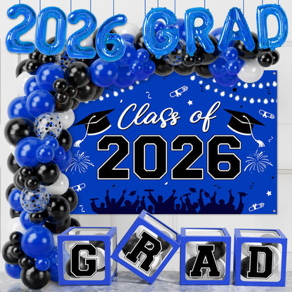 Graduation Decorations 2026, Blue Black Graduation Party Decorations 123pcs Balloon Boxes with Letters, Balloon Arch Kit and Backdrop for 2026 Grad Decor Class of Party Supplies