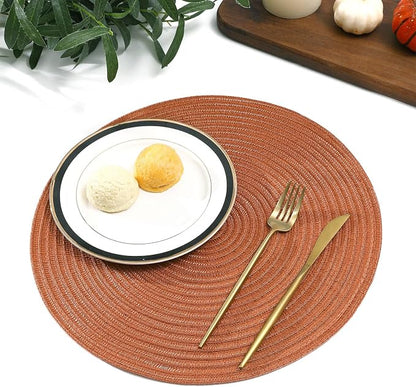 SHACOS Round Placemats Set of 8 Washable 15 inch Round Placemat Cotton Polyester Woven Braided Table Place Mats for Dining Table Wedding Party Decor, Dark Orange