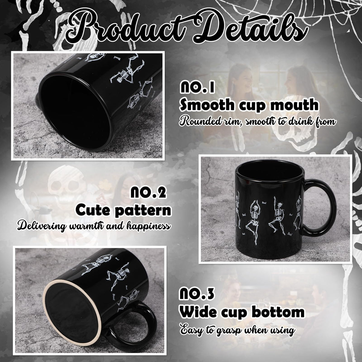 Sliner 6 Pcs Halloween Mugs Bulk 11oz Skull Coffee Mugs Skeleton Themed Designs, Cute and Spooky Coffee Cups for Fall Halloween Party Home Decorations