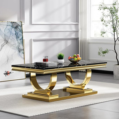 4 Piece Living Room Table Set Include 1 Faux Marble Coffee Table & 2 End Tables & 1 Console Table, Modern Black Gold Coffee Table Set of 4 with Double O Shape Stainless Steel Pedestal Base