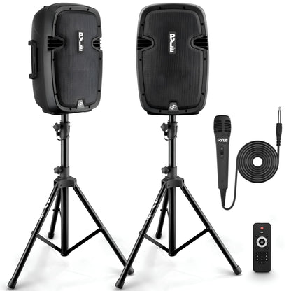 Pyle Active + Passive PA Systems - Dual 8inch 700 Watt Max Power Output Speaker with Microphone, Bluetooth Wireless Streaming, MP3/USB/SD/AUX Readers, Speaker Stands- Pyle PPHP849KT