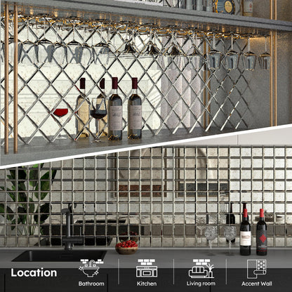 Diflart Peel and Stick Mirror Backsplash, Light Antique, 3x3 Inch, Beveled Mirror Square Kitchen Bar Wall Tile (2 Sq.ft, 32 Pcs)