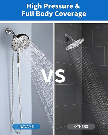 INAVAMZ Shower Head with Handheld High Pressure: Hand Held Shower Head & Rain Shower Head 2-IN-1 Shower Head with 59" Rotatable Stainless Steel Hose, Shower Trim Systems, Nickel 1.8 GPM 15391