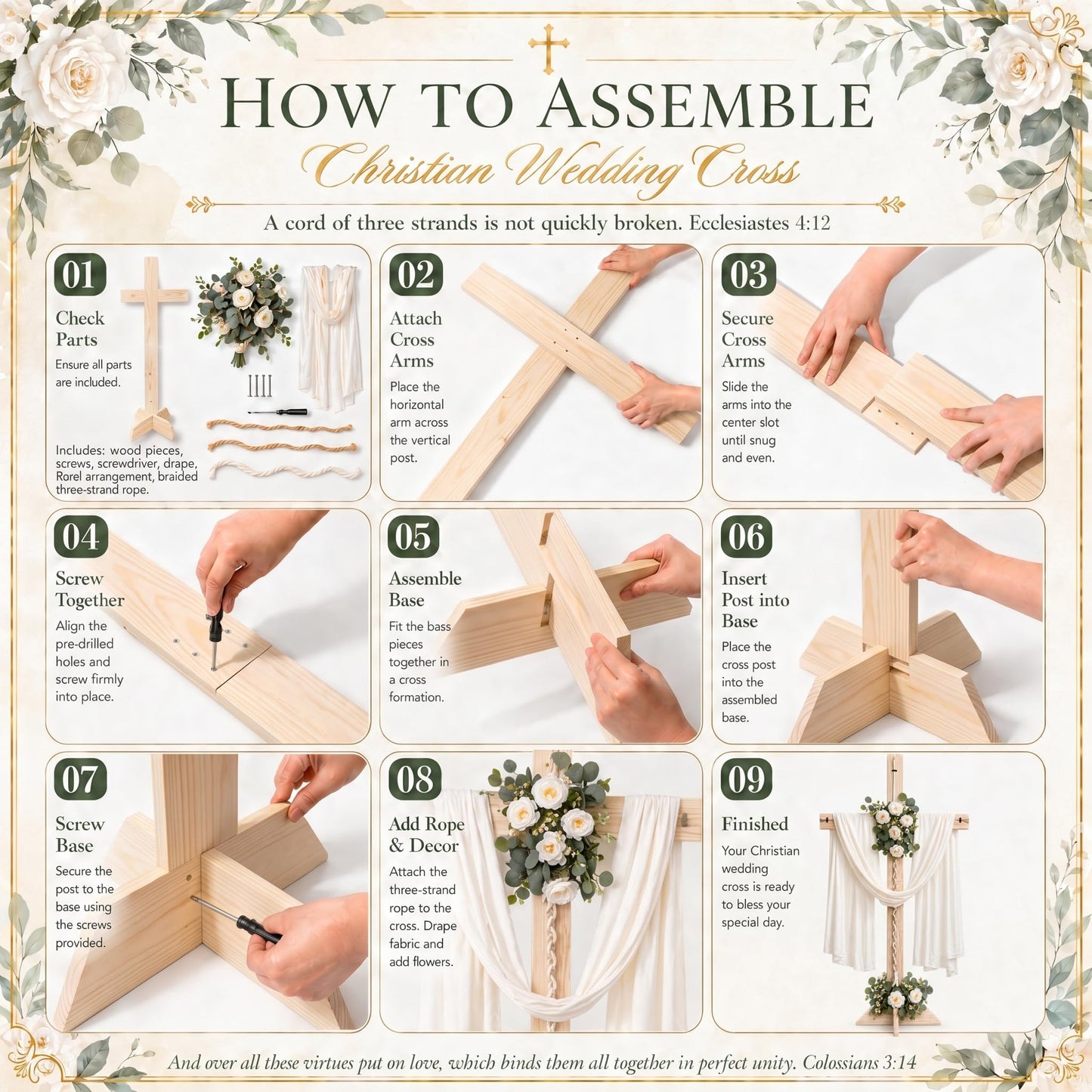 71 Inch Wedding Large Wood Cross, A Cord of Three Strands Wedding Ceremony Sign – White Chiffon Drape, Rose Flower Swags, Large Standing Christian Altar Cross for Outdoor Indoor Ceremony and Reception (White)