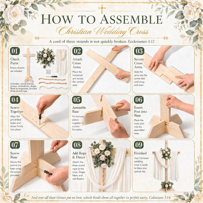 71 Inch Wedding Large Wood Cross, A Cord of Three Strands Wedding Ceremony Sign – White Chiffon Drape, Rose Flower Swags, Large Standing Christian Altar Cross for Outdoor Indoor Ceremony and Reception (White)