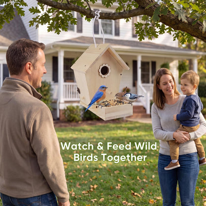 Bird House for Outside Hanging, Wooden Bird Houses for Outdoors with Feeding Tray, Bird Nesting Box for Garden Patio Tree Fence, Easy Clean Birdhouse with Hanging Rope for Small Wild Birds