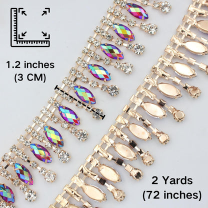 PEARLY JUN 2 Yards Rhinestone Trim Chain Crystal AB Gold Fringe Sewing Dress DIY Party Wedding Bouquet for Decoration Bridal Costume Embellishment Clothing Accessories